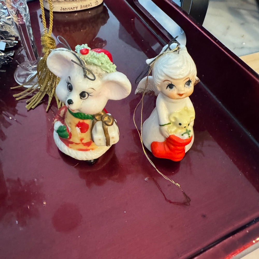 Vintage Christmas Ceramic Ornament Set  Mouse and Angel